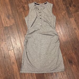 ATHLETA Sleeveless Henley Maxi Dress Sz Large Petite Gray Ruched Microstripe